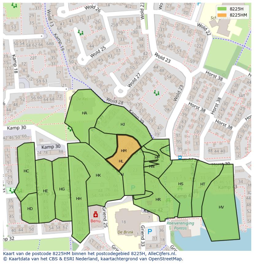 Afbeelding van het postcodegebied 8225 HM op de kaart.