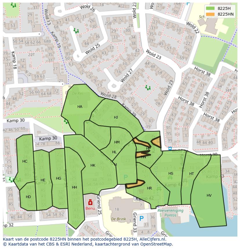 Afbeelding van het postcodegebied 8225 HN op de kaart.