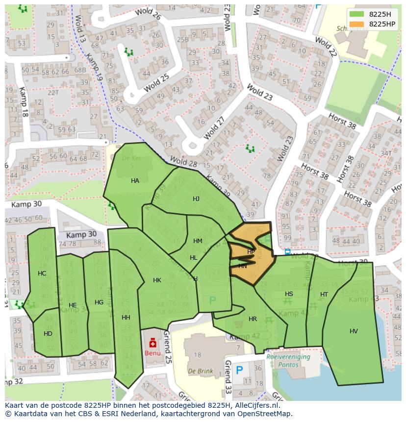 Afbeelding van het postcodegebied 8225 HP op de kaart.