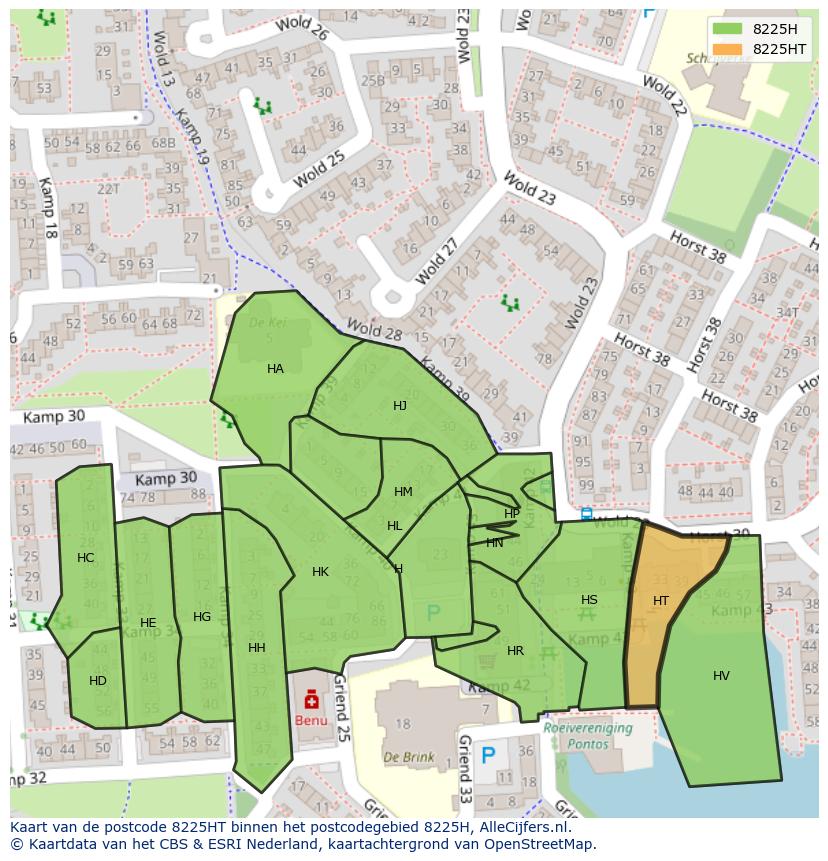 Afbeelding van het postcodegebied 8225 HT op de kaart.