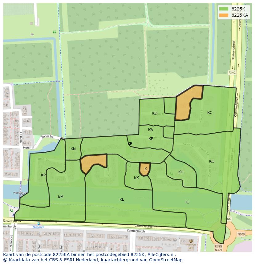 Afbeelding van het postcodegebied 8225 KA op de kaart.