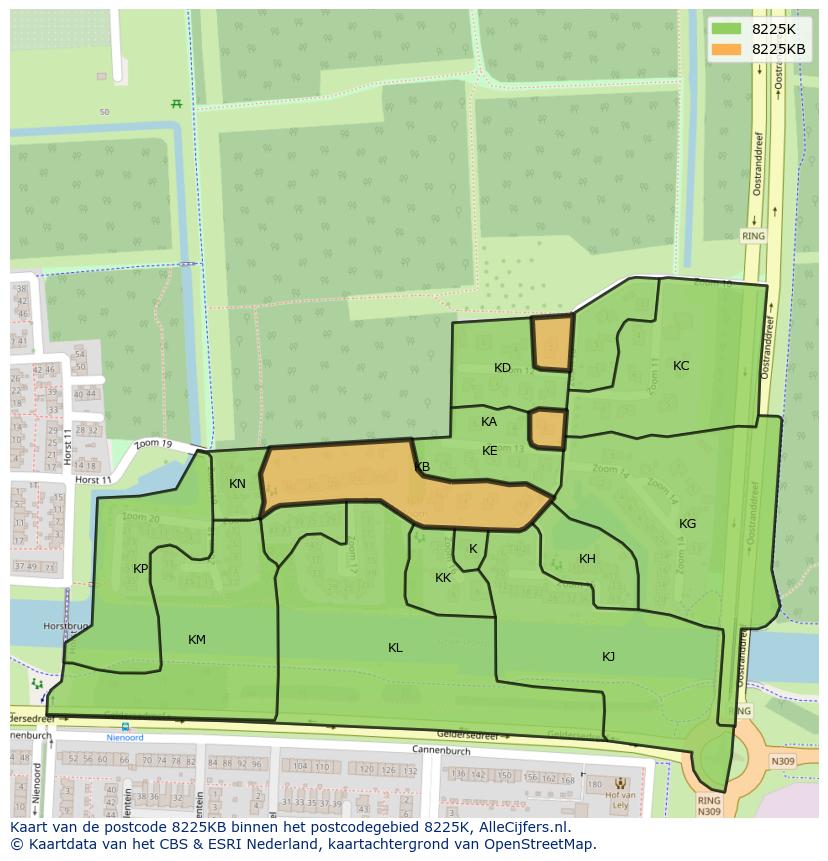 Afbeelding van het postcodegebied 8225 KB op de kaart.
