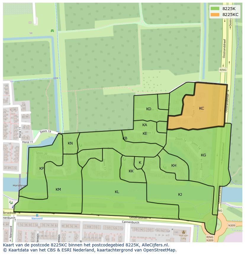 Afbeelding van het postcodegebied 8225 KC op de kaart.