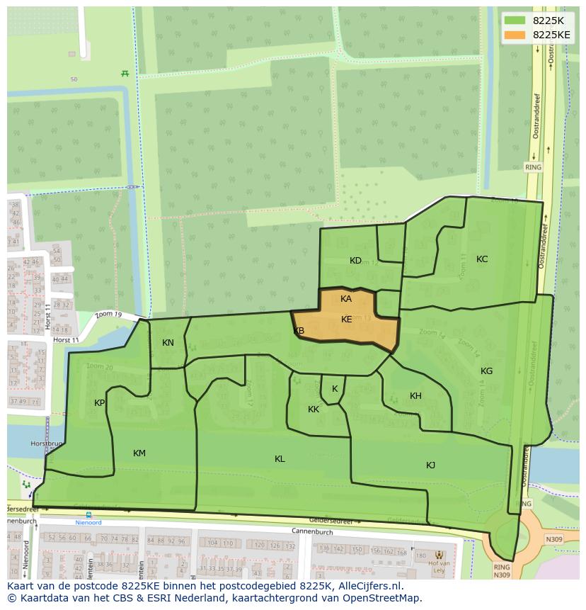 Afbeelding van het postcodegebied 8225 KE op de kaart.