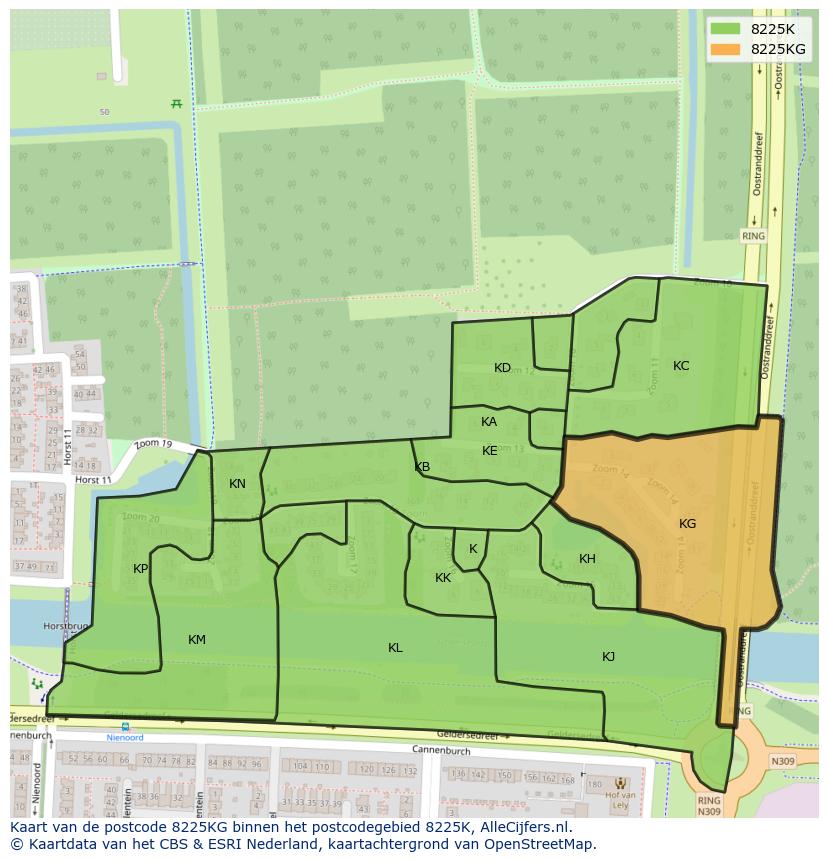 Afbeelding van het postcodegebied 8225 KG op de kaart.