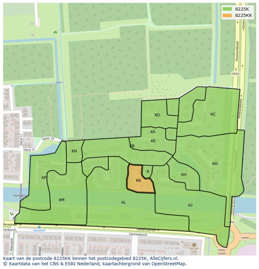 Afbeelding van het postcodegebied 8225 KK op de kaart.