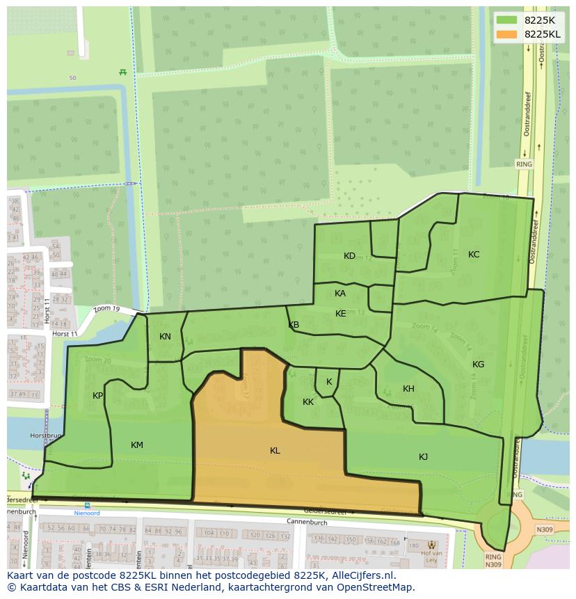 Afbeelding van het postcodegebied 8225 KL op de kaart.