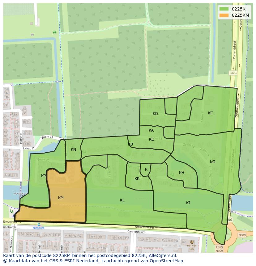 Afbeelding van het postcodegebied 8225 KM op de kaart.