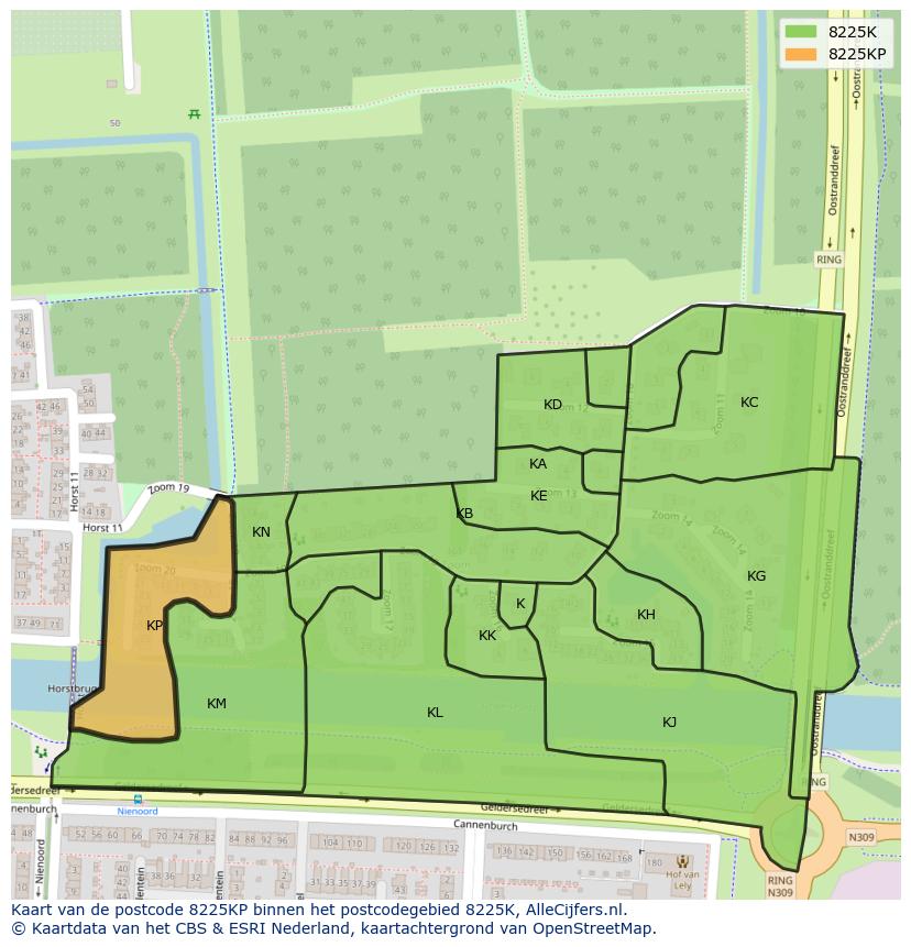 Afbeelding van het postcodegebied 8225 KP op de kaart.