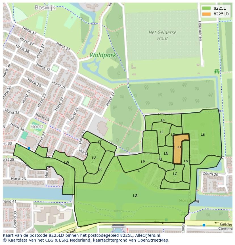 Afbeelding van het postcodegebied 8225 LD op de kaart.