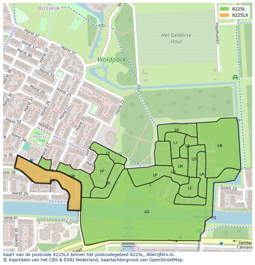 Afbeelding van het postcodegebied 8225 LX op de kaart.