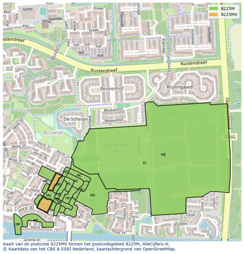 Afbeelding van het postcodegebied 8225 MV op de kaart.