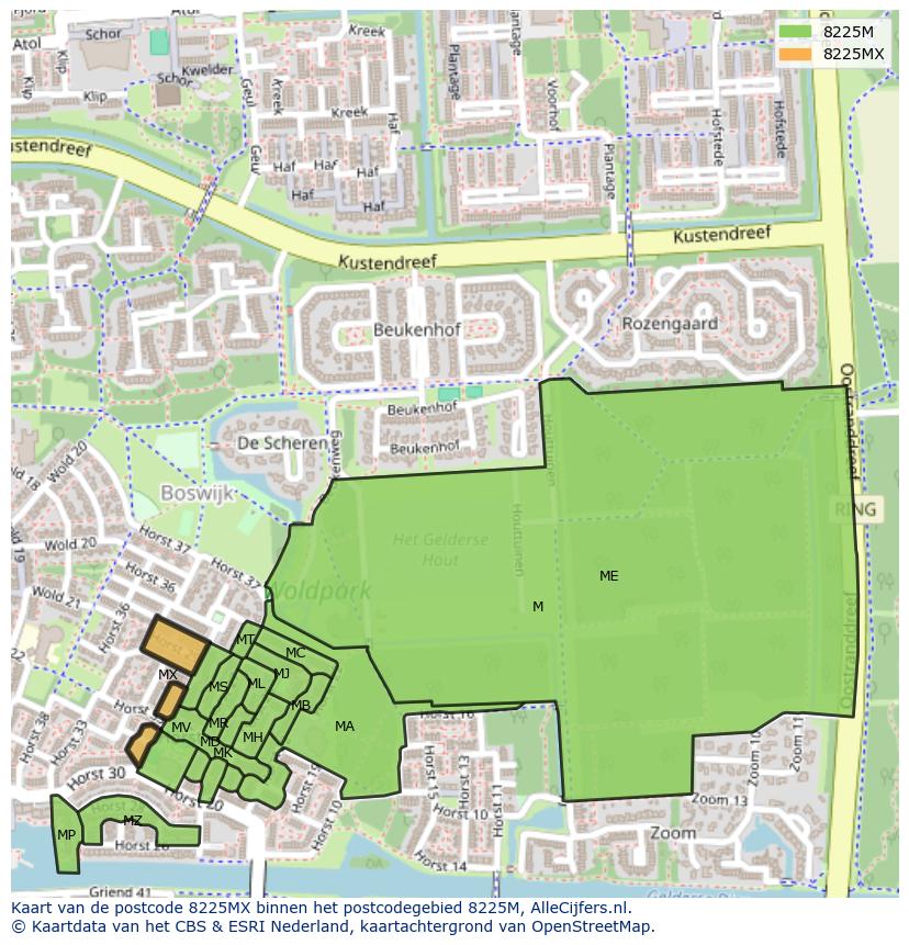 Afbeelding van het postcodegebied 8225 MX op de kaart.