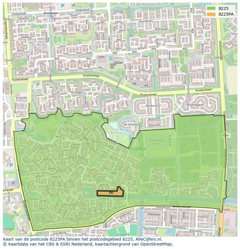 Afbeelding van het postcodegebied 8225 PA op de kaart.