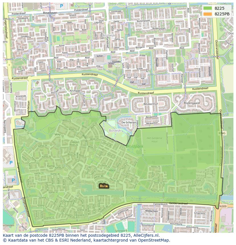Afbeelding van het postcodegebied 8225 PB op de kaart.
