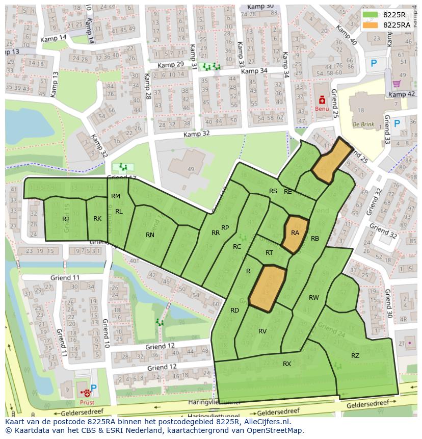 Afbeelding van het postcodegebied 8225 RA op de kaart.