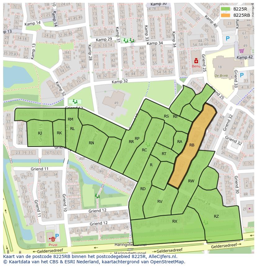Afbeelding van het postcodegebied 8225 RB op de kaart.