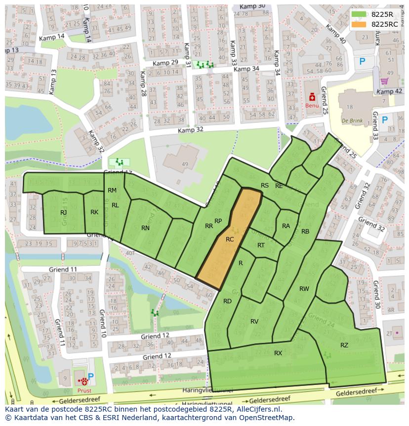 Afbeelding van het postcodegebied 8225 RC op de kaart.
