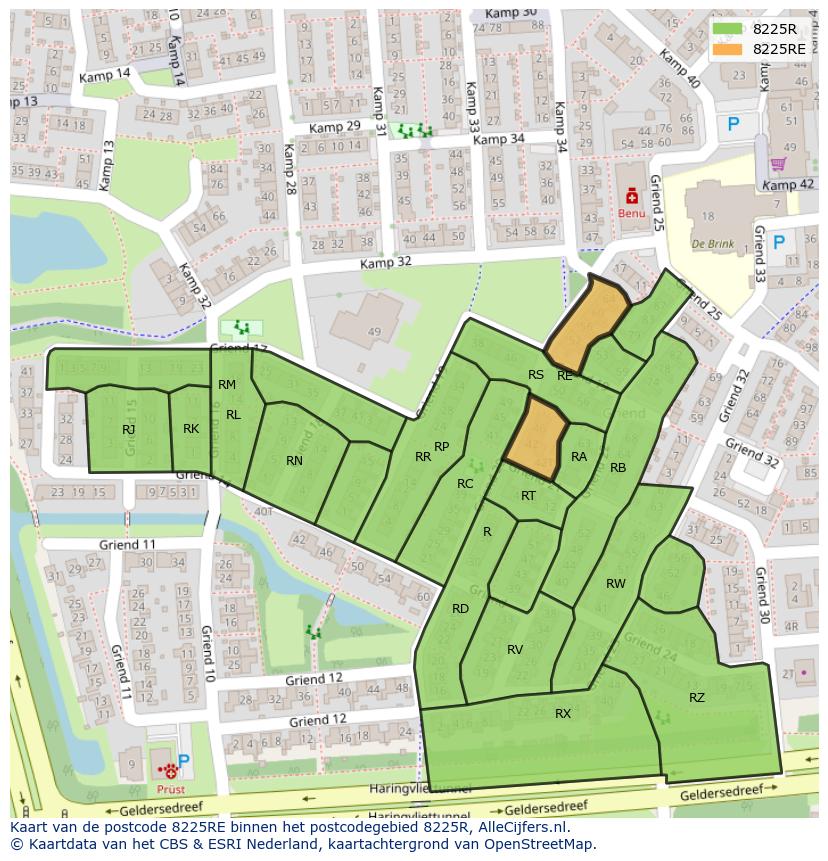 Afbeelding van het postcodegebied 8225 RE op de kaart.