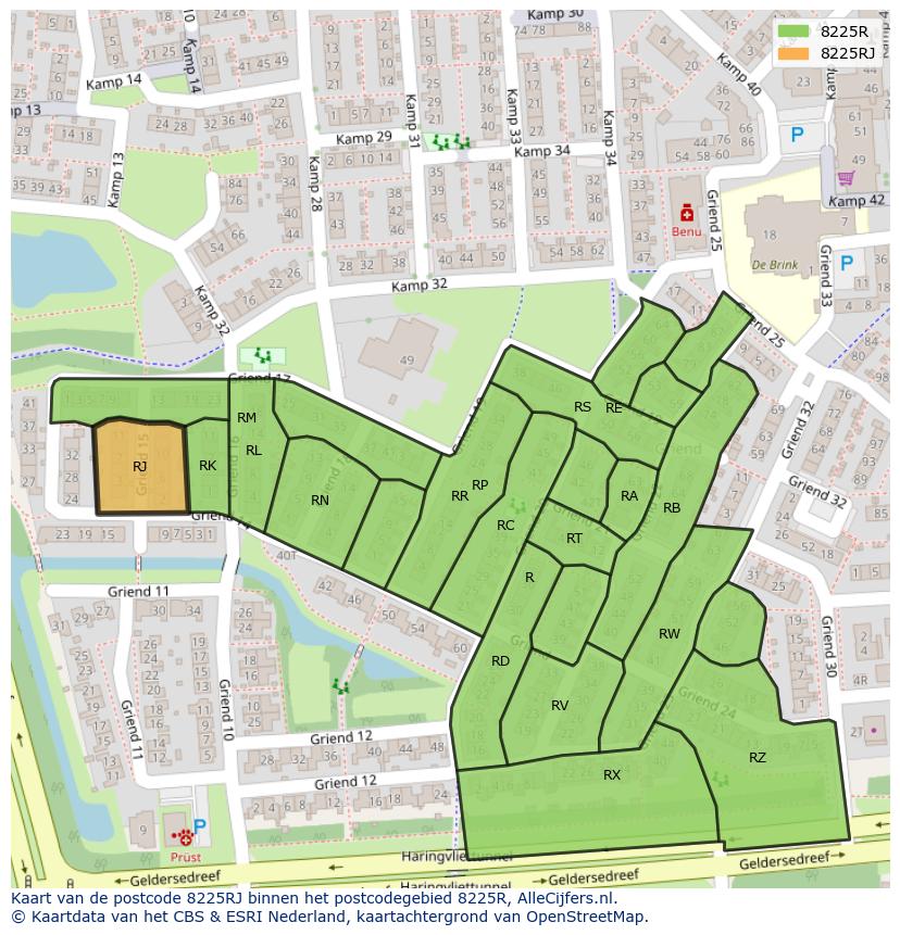 Afbeelding van het postcodegebied 8225 RJ op de kaart.