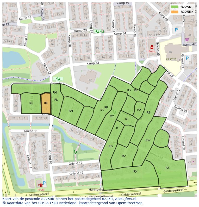 Afbeelding van het postcodegebied 8225 RK op de kaart.