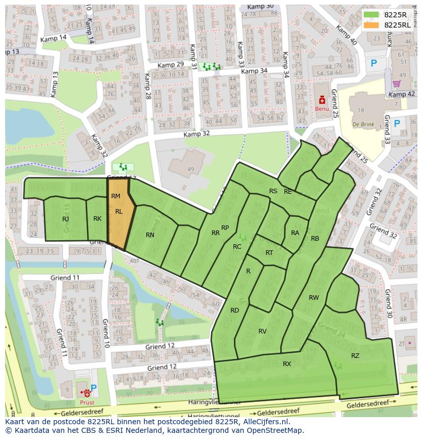 Afbeelding van het postcodegebied 8225 RL op de kaart.