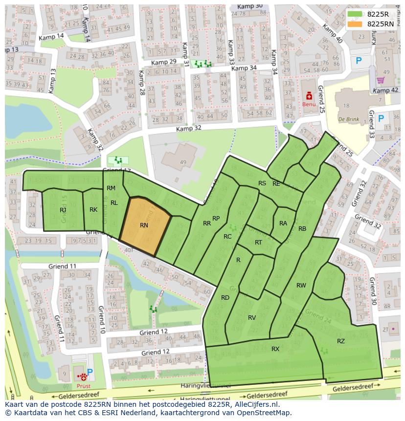 Afbeelding van het postcodegebied 8225 RN op de kaart.