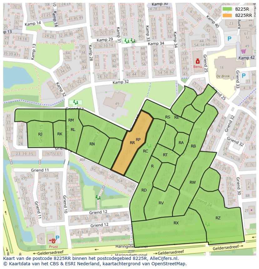 Afbeelding van het postcodegebied 8225 RR op de kaart.