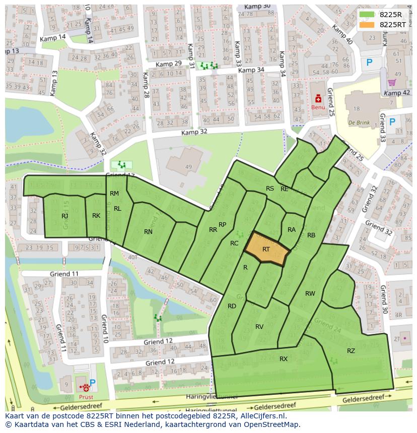 Afbeelding van het postcodegebied 8225 RT op de kaart.