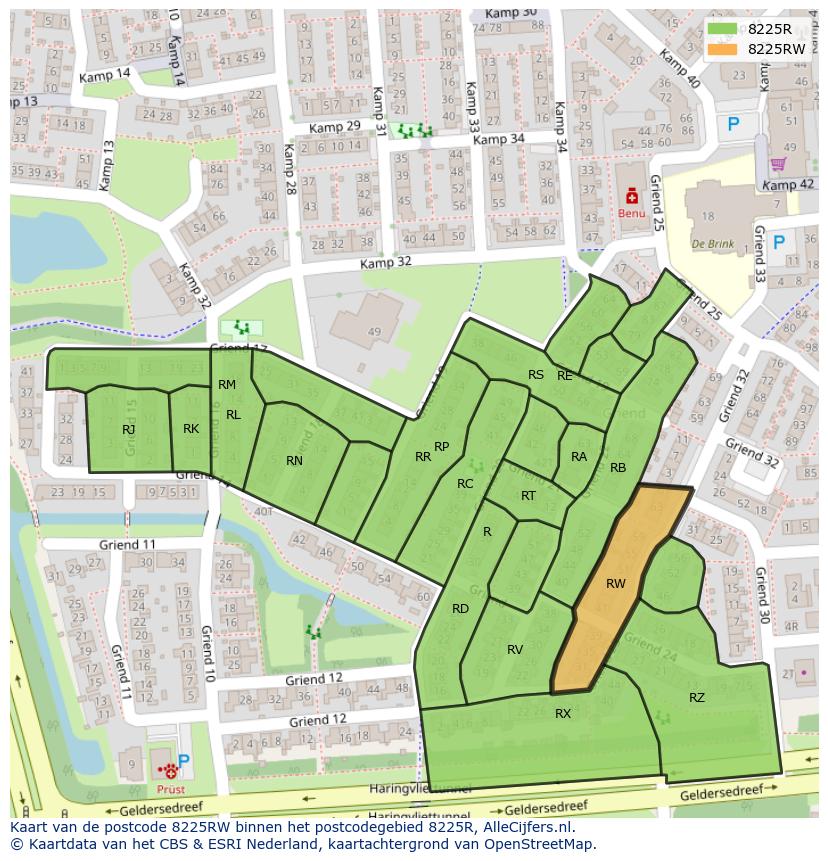 Afbeelding van het postcodegebied 8225 RW op de kaart.
