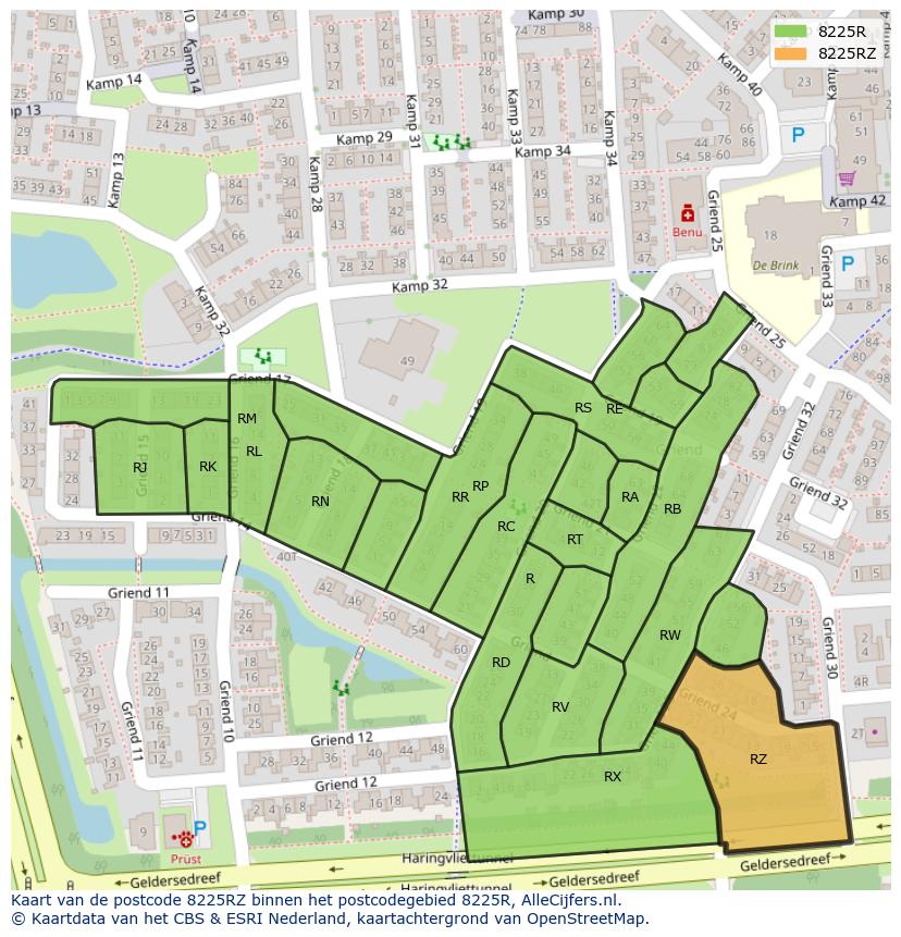 Afbeelding van het postcodegebied 8225 RZ op de kaart.