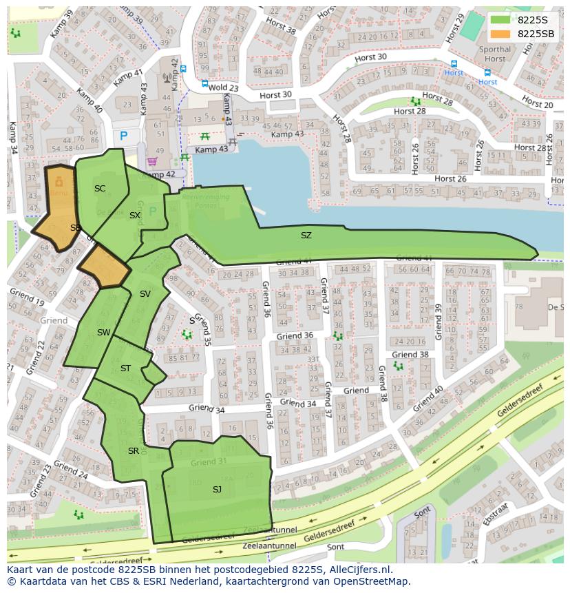Afbeelding van het postcodegebied 8225 SB op de kaart.