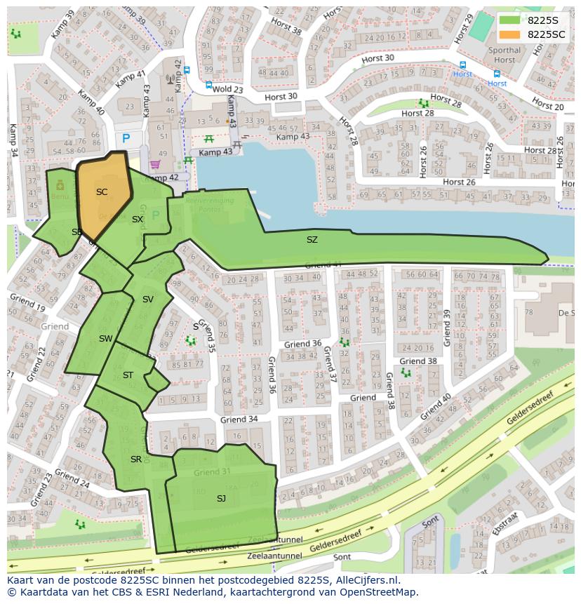 Afbeelding van het postcodegebied 8225 SC op de kaart.