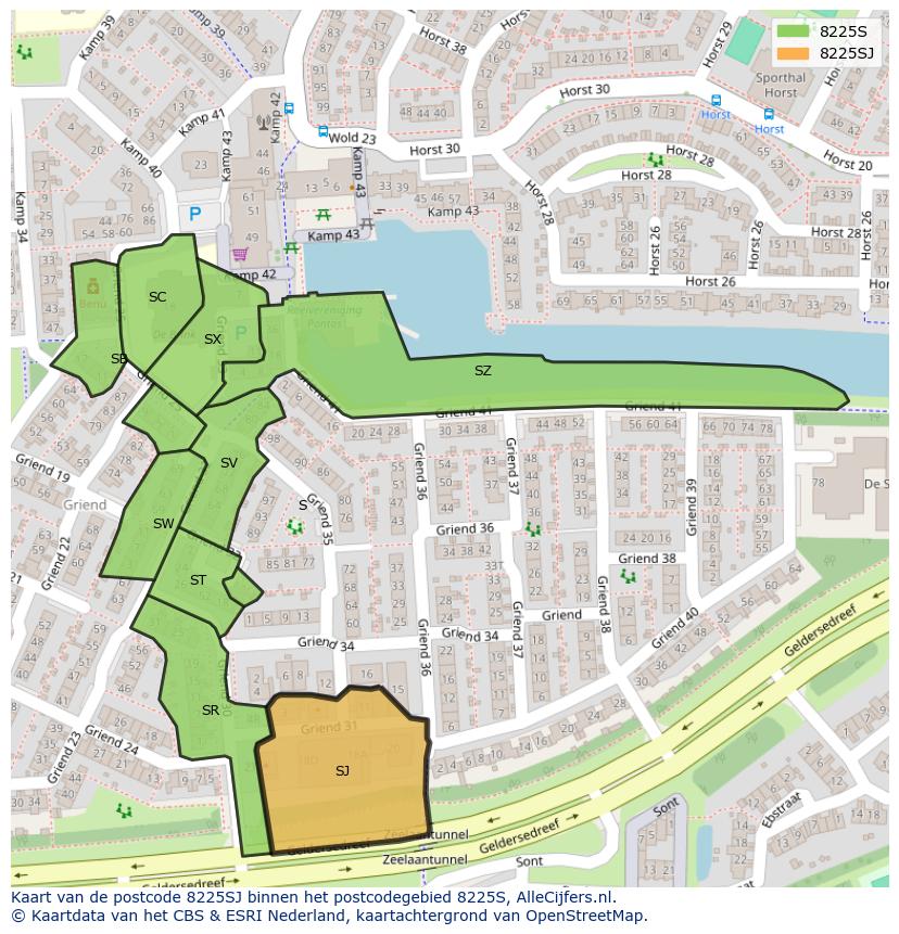 Afbeelding van het postcodegebied 8225 SJ op de kaart.
