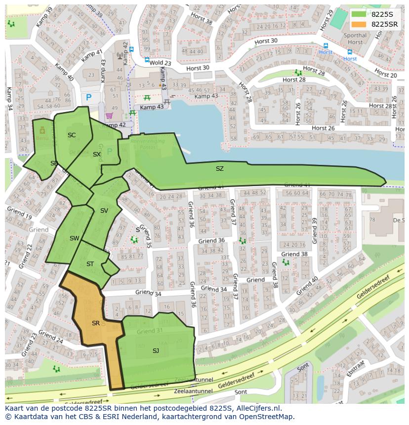 Afbeelding van het postcodegebied 8225 SR op de kaart.