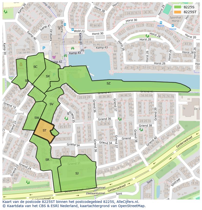 Afbeelding van het postcodegebied 8225 ST op de kaart.