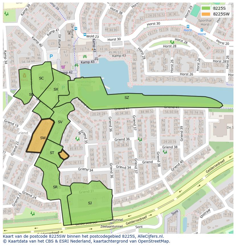 Afbeelding van het postcodegebied 8225 SW op de kaart.