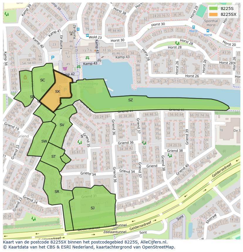 Afbeelding van het postcodegebied 8225 SX op de kaart.