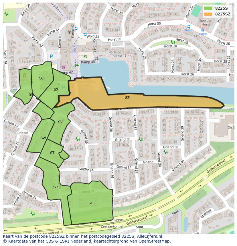 Afbeelding van het postcodegebied 8225 SZ op de kaart.