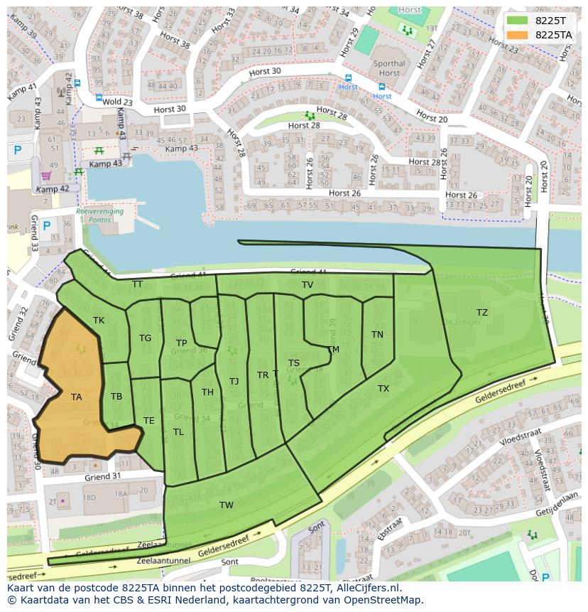 Afbeelding van het postcodegebied 8225 TA op de kaart.