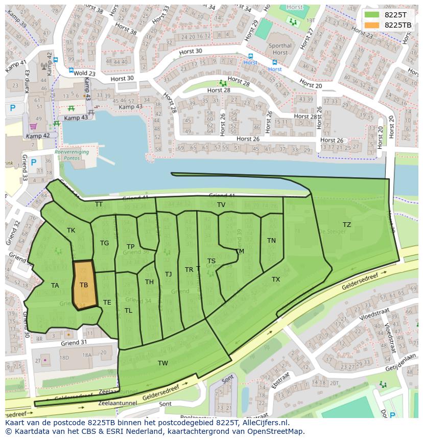 Afbeelding van het postcodegebied 8225 TB op de kaart.