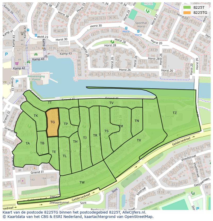 Afbeelding van het postcodegebied 8225 TG op de kaart.