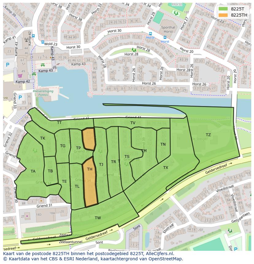 Afbeelding van het postcodegebied 8225 TH op de kaart.