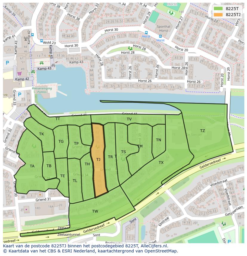 Afbeelding van het postcodegebied 8225 TJ op de kaart.