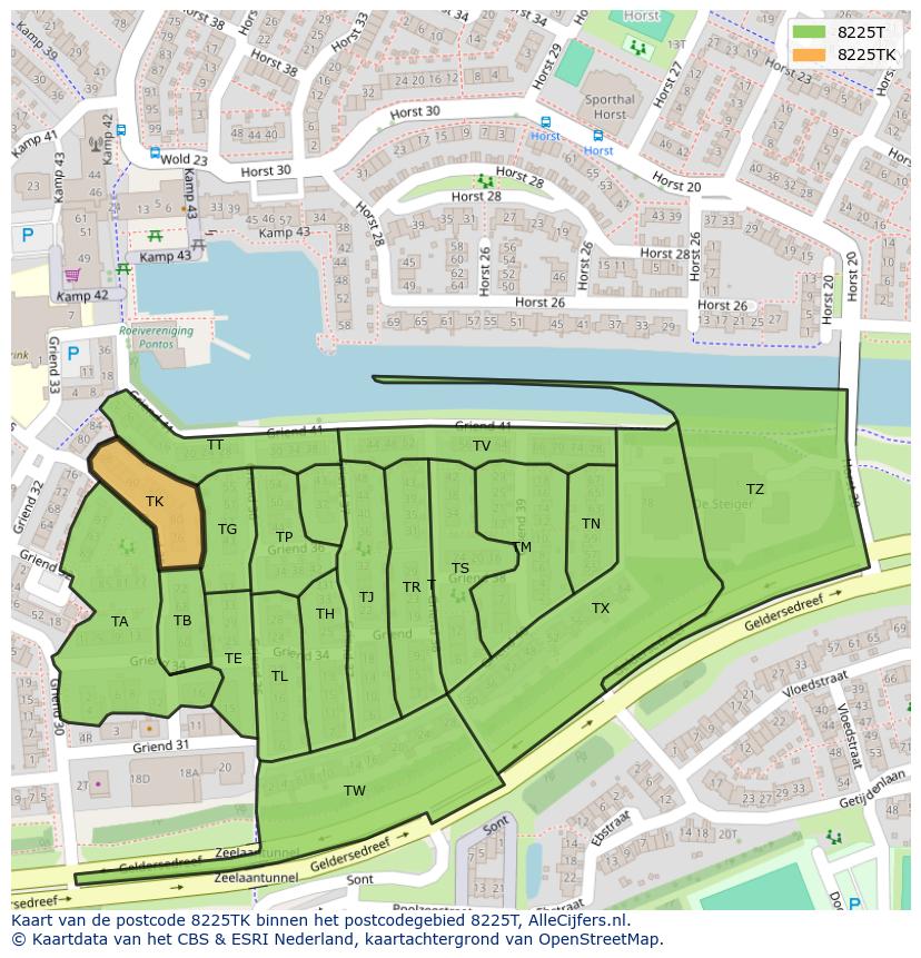 Afbeelding van het postcodegebied 8225 TK op de kaart.