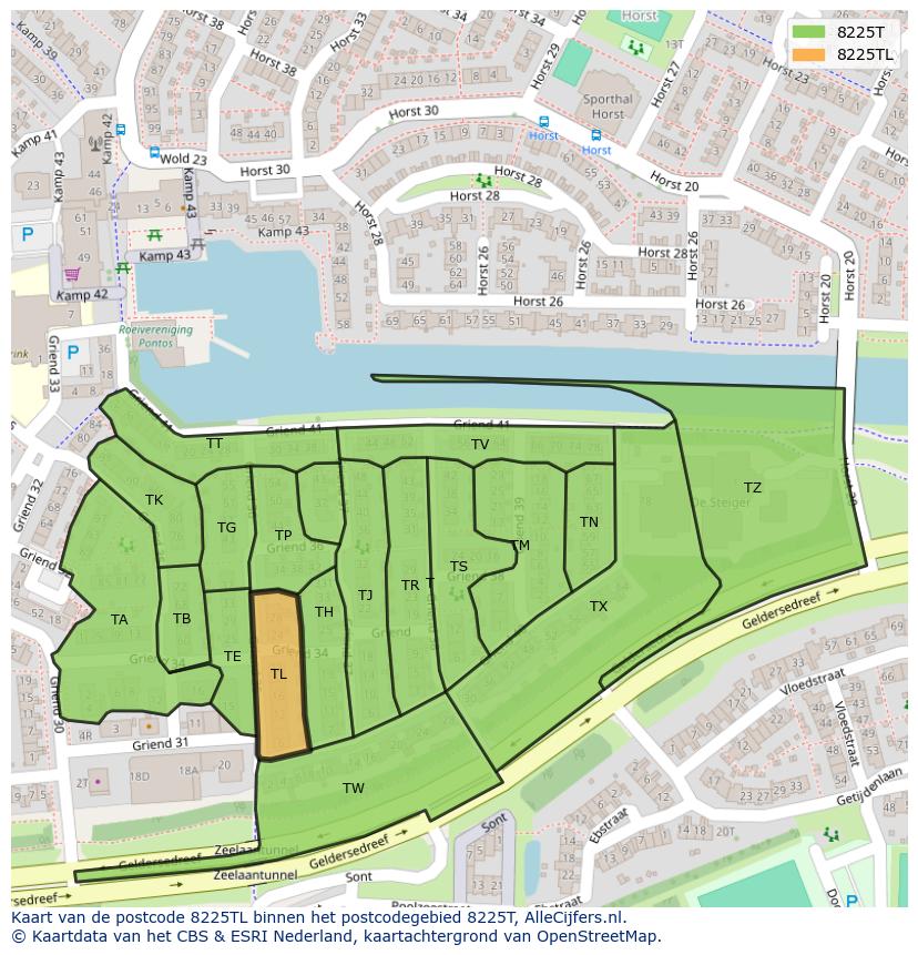 Afbeelding van het postcodegebied 8225 TL op de kaart.