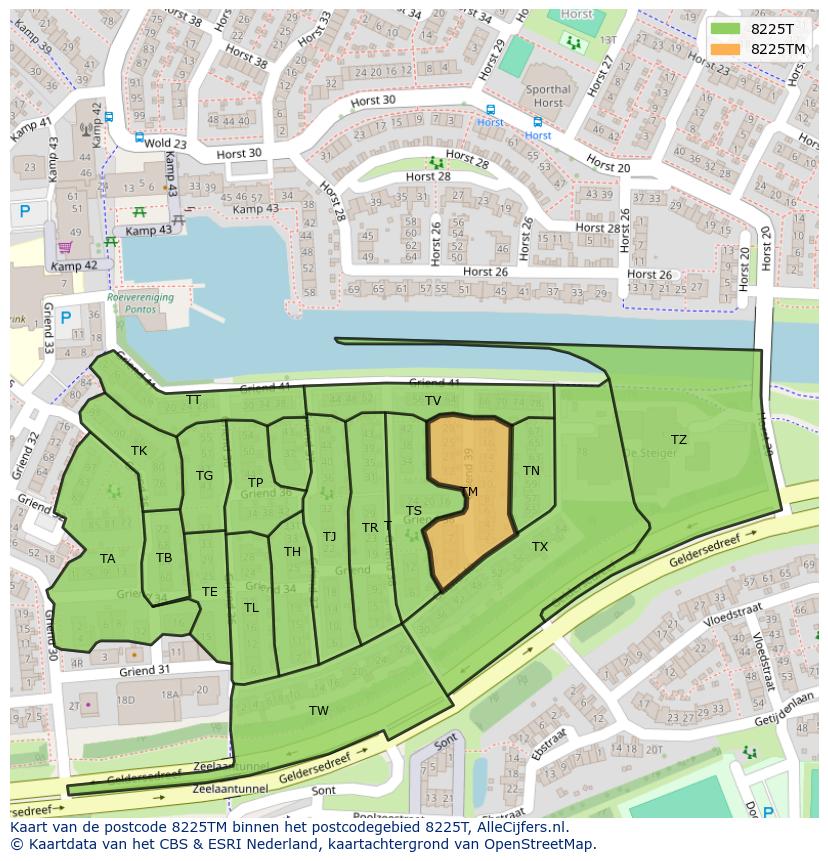 Afbeelding van het postcodegebied 8225 TM op de kaart.