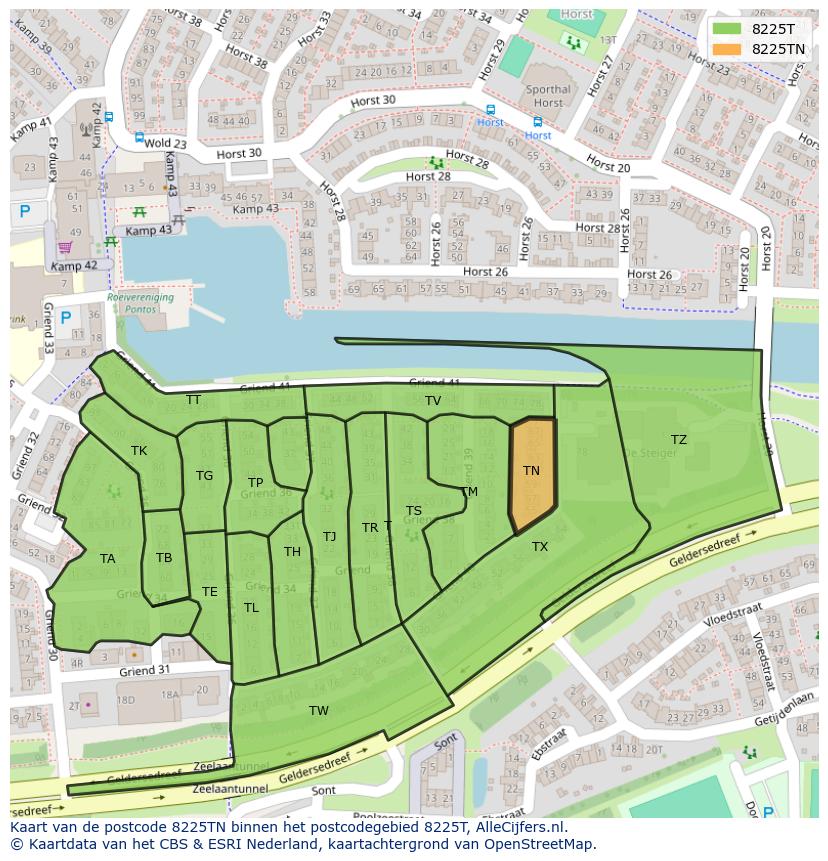 Afbeelding van het postcodegebied 8225 TN op de kaart.