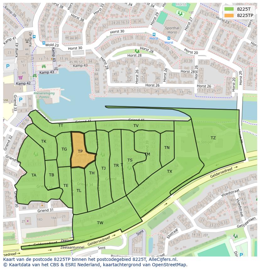 Afbeelding van het postcodegebied 8225 TP op de kaart.