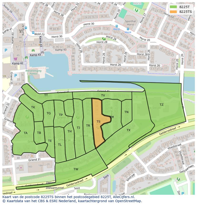 Afbeelding van het postcodegebied 8225 TS op de kaart.